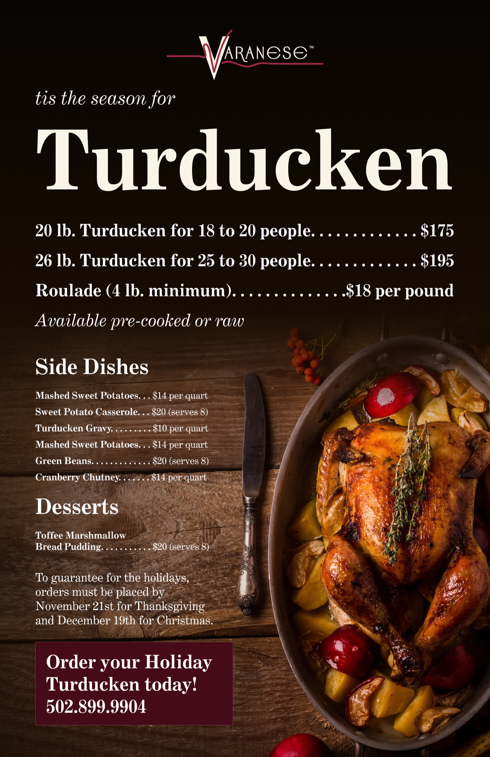 Printed menu for Holiday Turducken. Menu details are listed in the text above.