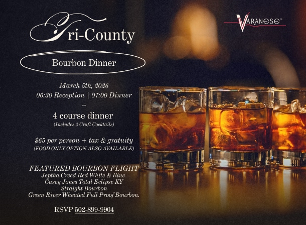 Images of rocks glasses with bourbon and ice in them with the menu (in the text below) written on to the left if it, titled Tri-County Bourbon Dinner