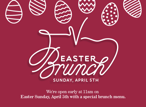 Light red background with white text that says, Easter Brunch Sunday, April 20th and that they are open early at 11am for Brunch